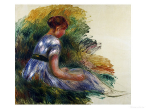 Young Girl Sitting in the Grass - Pierre Auguste Renoir Painting